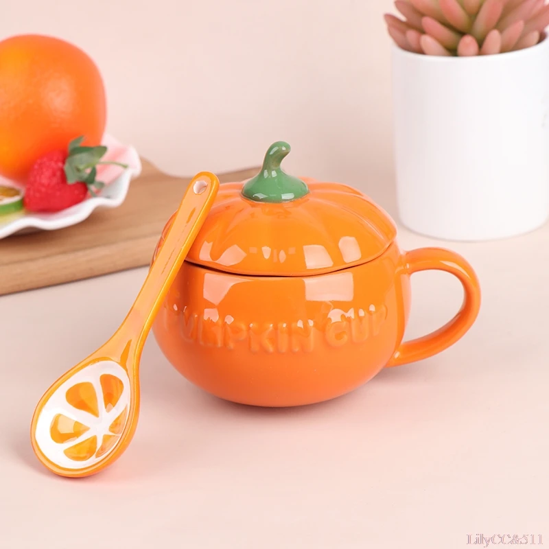 1 Piece Pumpkin Shaped Mugs Tea Cup Creative Breakfast Bowl Set Ceramic Mugs With Lid Handmade Coffee Cups 1pc