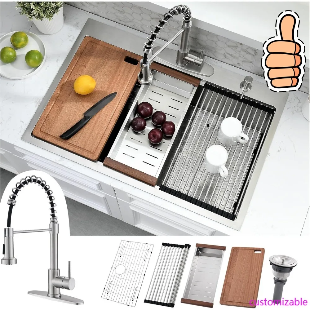 NEW-33 x 22 Drop In Kitchen Sink with Faucet Combo - 33x22 Drop In Sink and Faucet Combo Set,Stainless Steel 10 Inch Deep Single