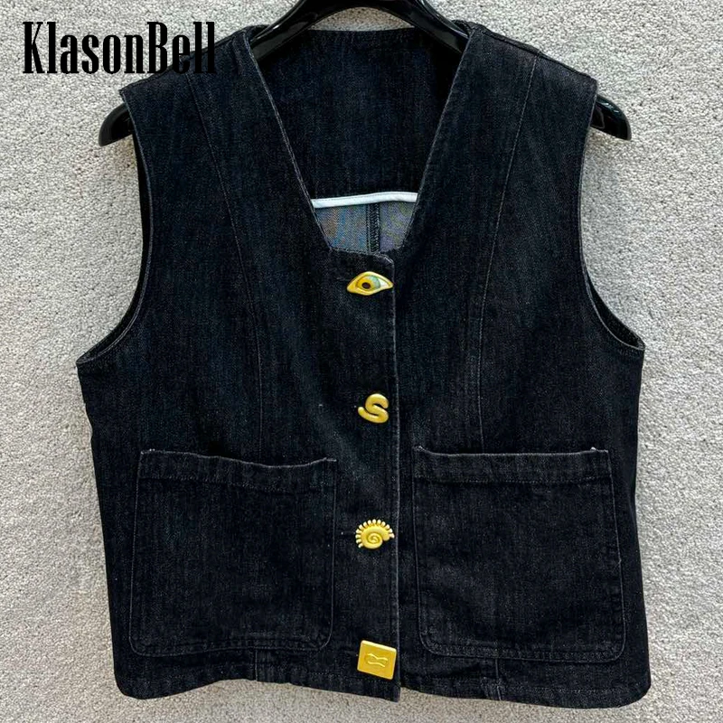 

5.28 KlasonBell All-matches Chic Multiple Button Decoration V-Neck Double Pocket Washed Denim Vest Women