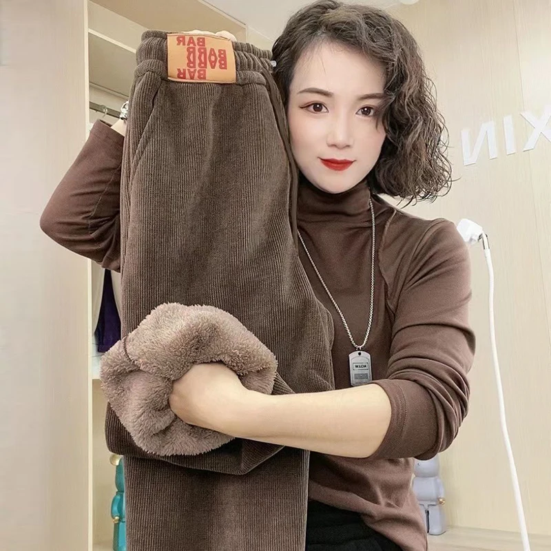Women Warm Lambwool Sweatpants 2024 Korean Fashion Drawstring Wasit Winter Trousers Ladies Vintage Fleece Lined Harem Pantalones
