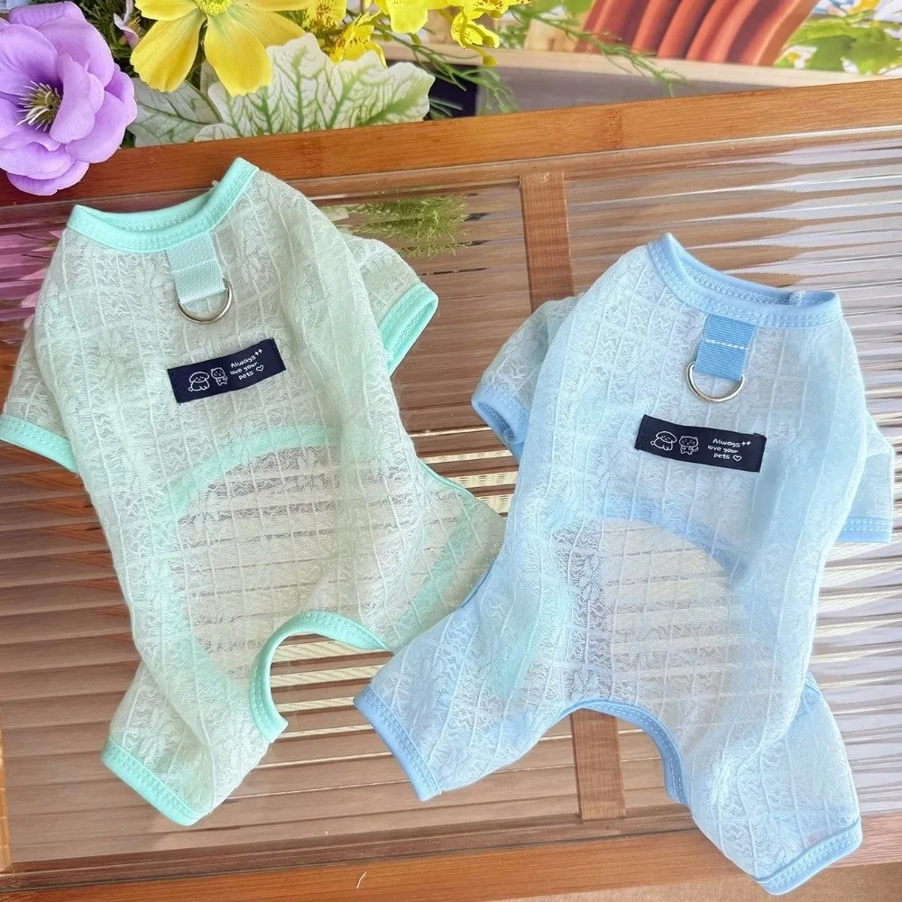 통기성 메쉬 개 자외선 차단 의류 얇은 트랙션 기능이 있는 개 쿨링 점프수트 꽃무늬 개 자외선 차단 의상 데일리 웨어