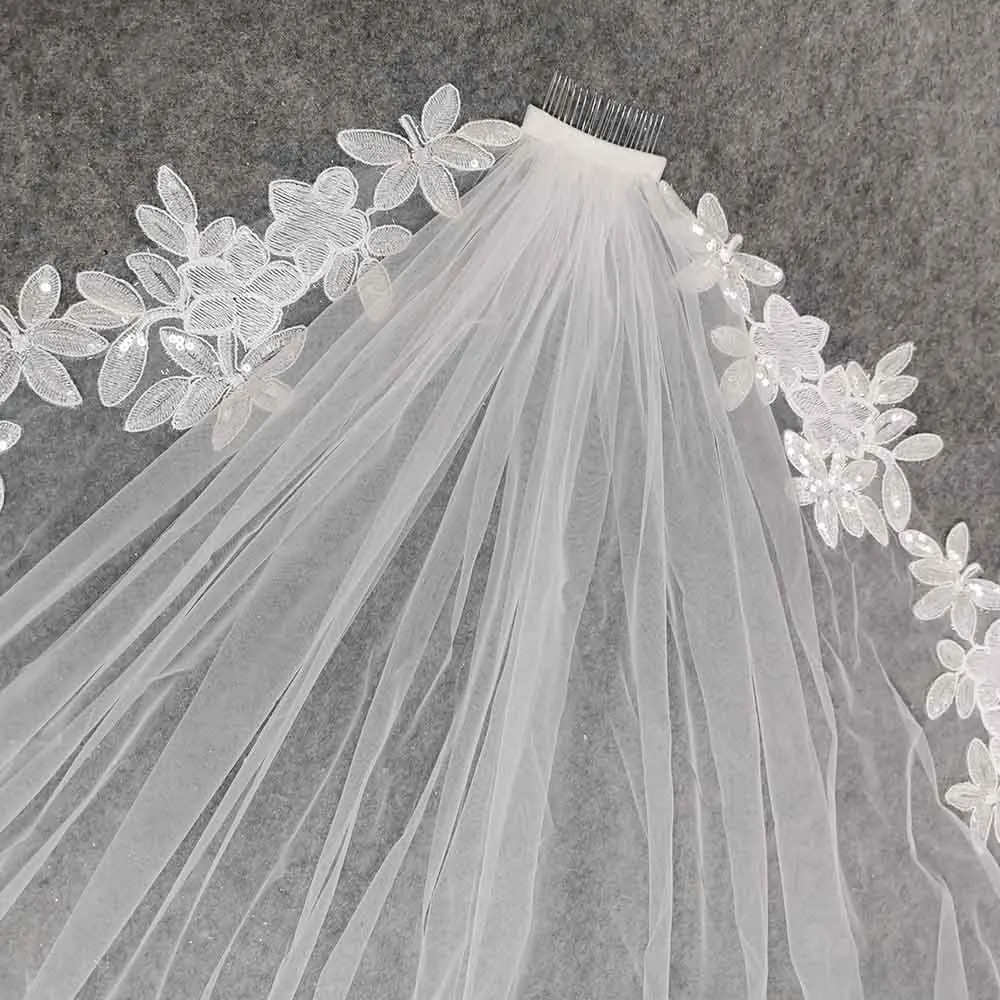 Real Photos Sparkle Sequins Lace Wedding Veil 3 Meters Long One Tier Bridal Veil with Comb Elegant Wedding Accessories