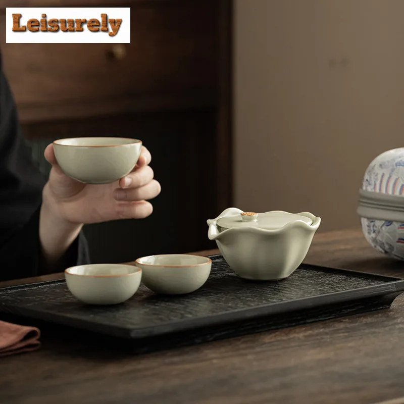 Antique Ru Kiln Porcelain Lotus Travel Tea Set Kit Ancient 1 Pot 3 Cups Tea Maker Organizer Portable Camping Tote Bag Supplies