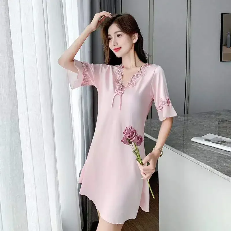 Ladies Sexy Pajamas Silk Embroidered Bow Nightdress Spring Summer Ice Silk Thin Solid Color Comfortable Homewear Sexy Sleepwear