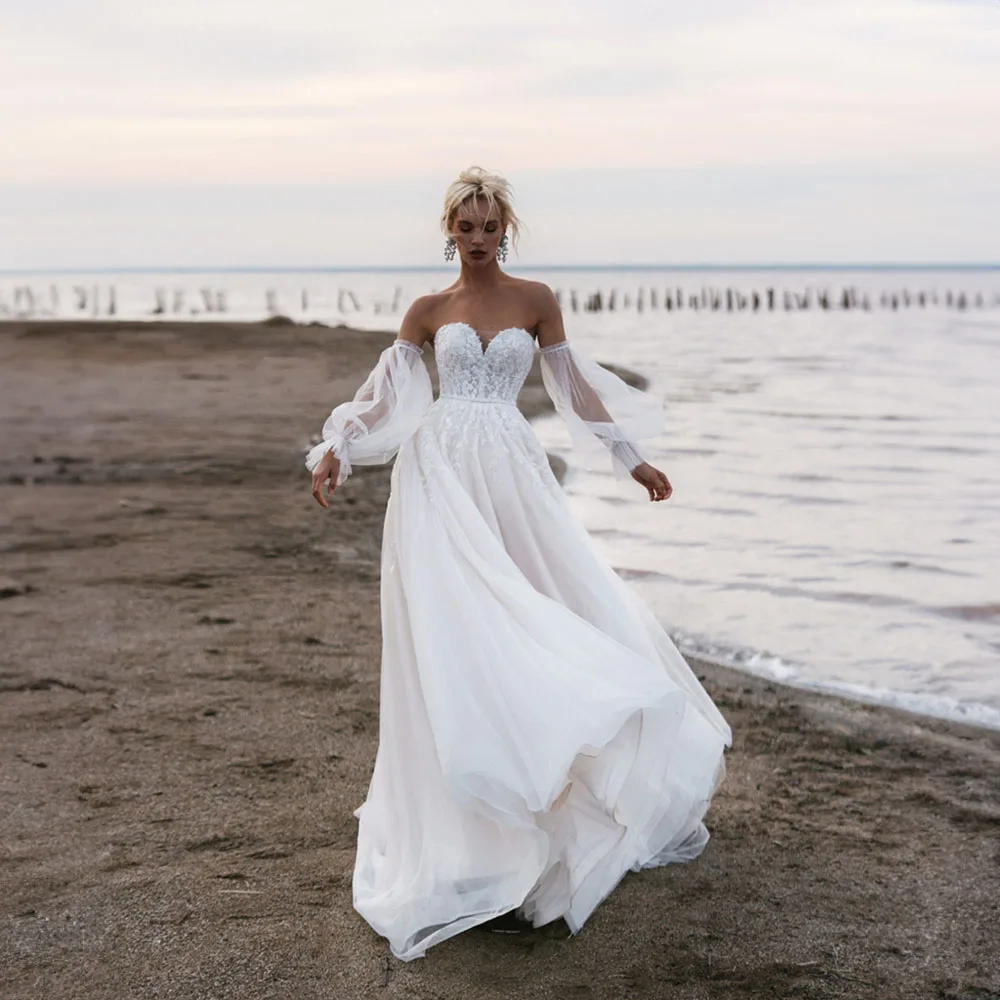

Off the Shoulder Sweetheart Wedding Dress with Removable Sleeve Bridal Gown Court A-line Appliques Wedding Gown vestidos novia