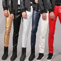 New Men Slim Fit Faux Leather Pants Black / Red / White Fashion Homme Daily Casual Biker PU Trousers