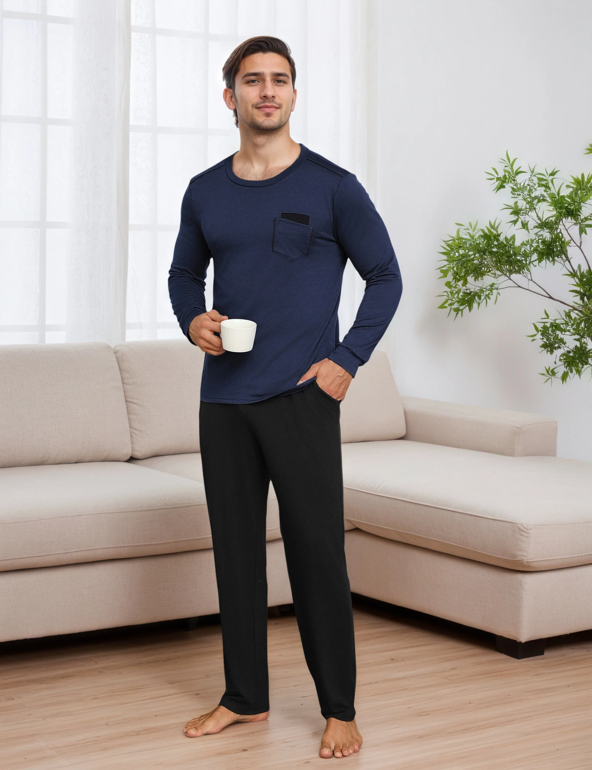 Herren-Pyjama-Set, langärmliges Oberteil mit Rundhalsausschnitt und Freizeithose aus Baumwolle, Winter-Pyjama-Set für Herren, Loungewear. – Detail 6