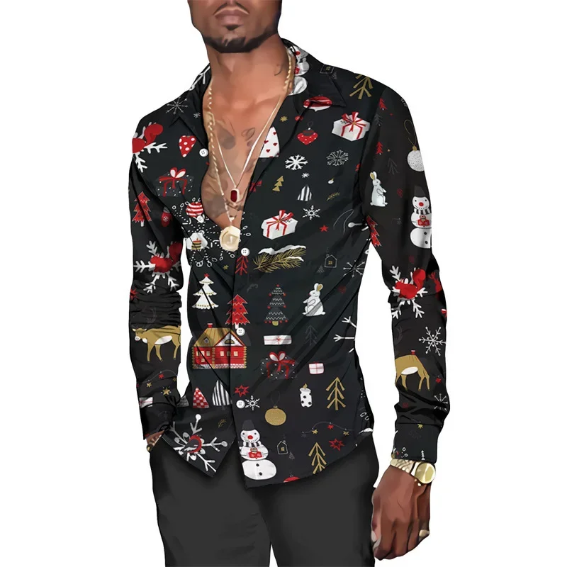 Funny Christmas Theme 3D Print Men's Butttton Shirts Casual Long Sleeve Streetwear Tops Unisex Holiday Party Chic Hawaiian Shirt