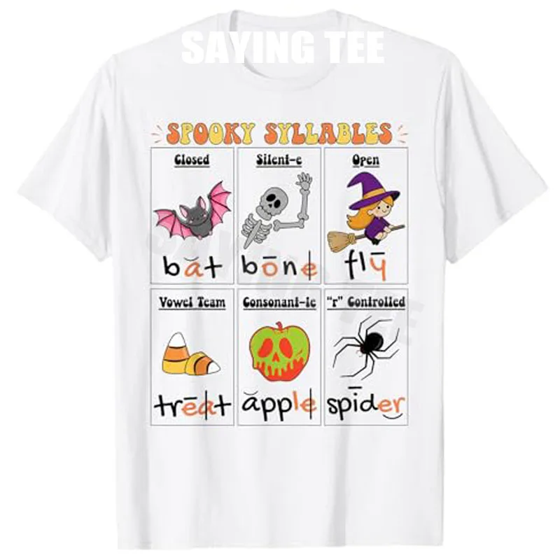 Halloween Lesen gruselige Silben Lehrer Vintage T-Shirt Humor lustig Y2k süßes Alphabet Spruch T-Shirt Neuheit Geschenk Kurzarm