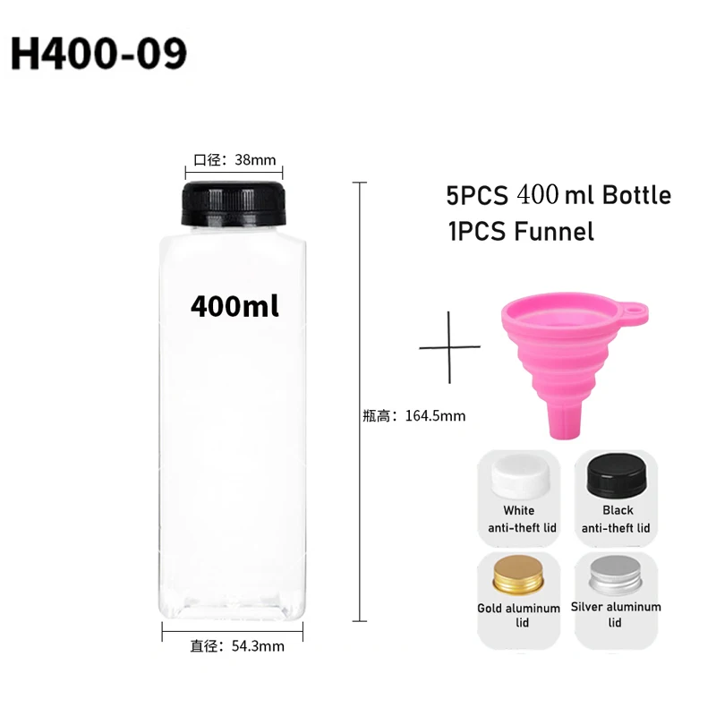 5-Pack Reusable Clear Plastic Bottles with Caps and Folding Funnel for DIY Juicing and Smoothies