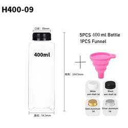 5-Pack Reusable Clear Plastic Bottles with Caps and Folding Funnel for DIY Juicing and Smoothies (400ML-B)