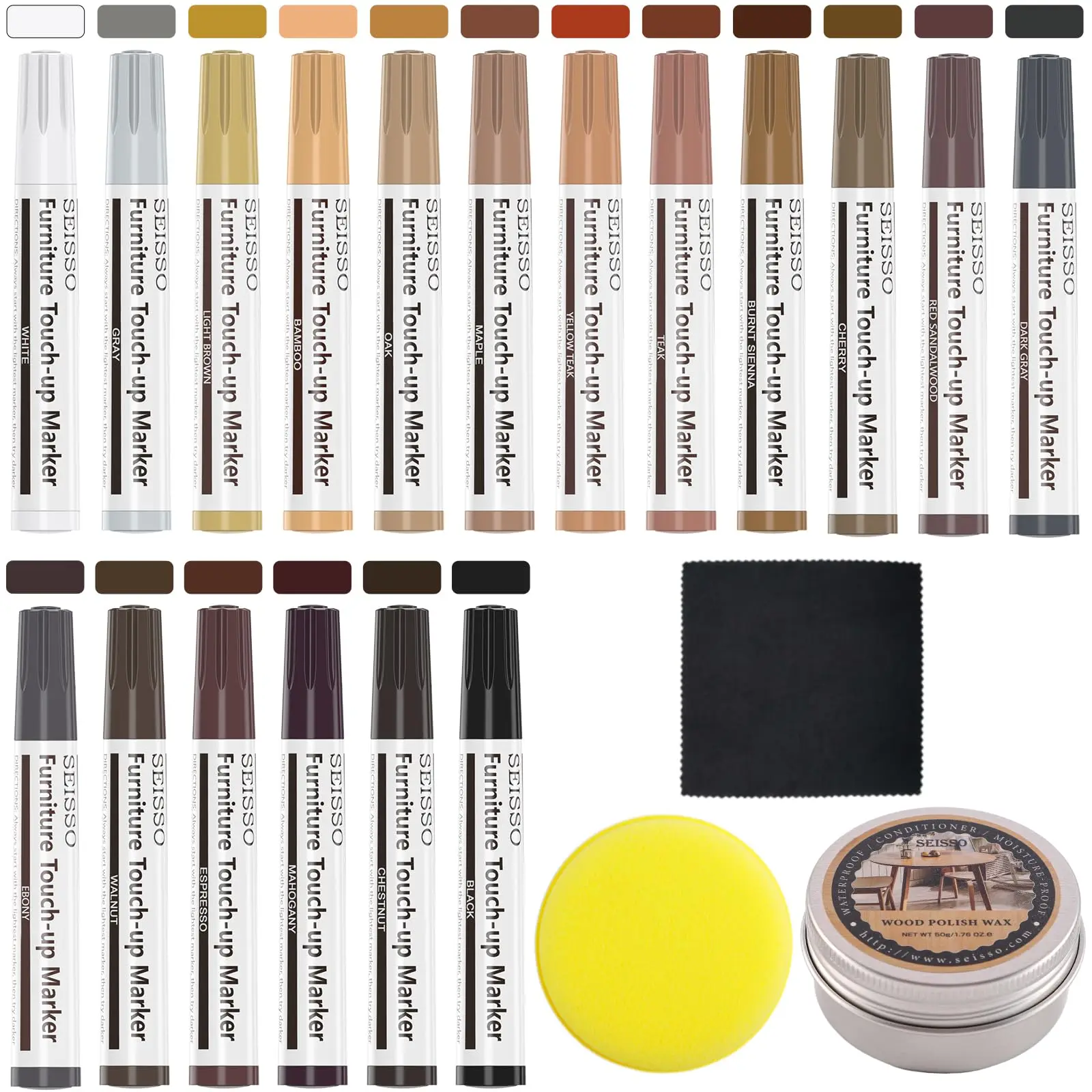 18 Colors Furniture Repair Kit Touch Up Markers with Wood Polish Wax Restore Finish Scratches Stains Tables Cabinet Floors