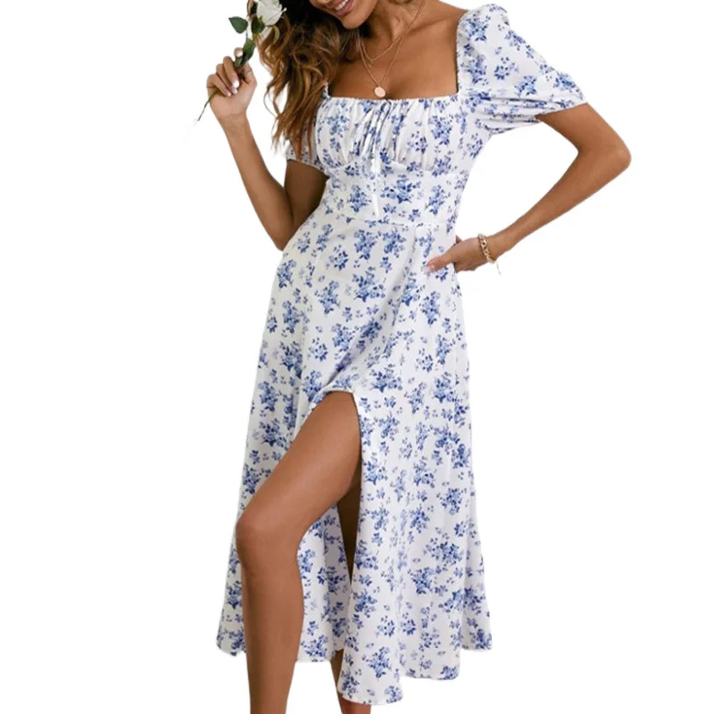 

Autumn Fashion Print Fragmented Flower Open Back Strap Split Short Sleeve Sexy Dress Elegant Pleated Large Swing Long Vestidos