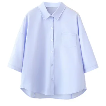 2026 Summer Plus Size Women Cotton Shirt Lapel 3/4 Sleeve Casual Simple Cardigan Loose Blouse Tops For Curvy Ladies 8633