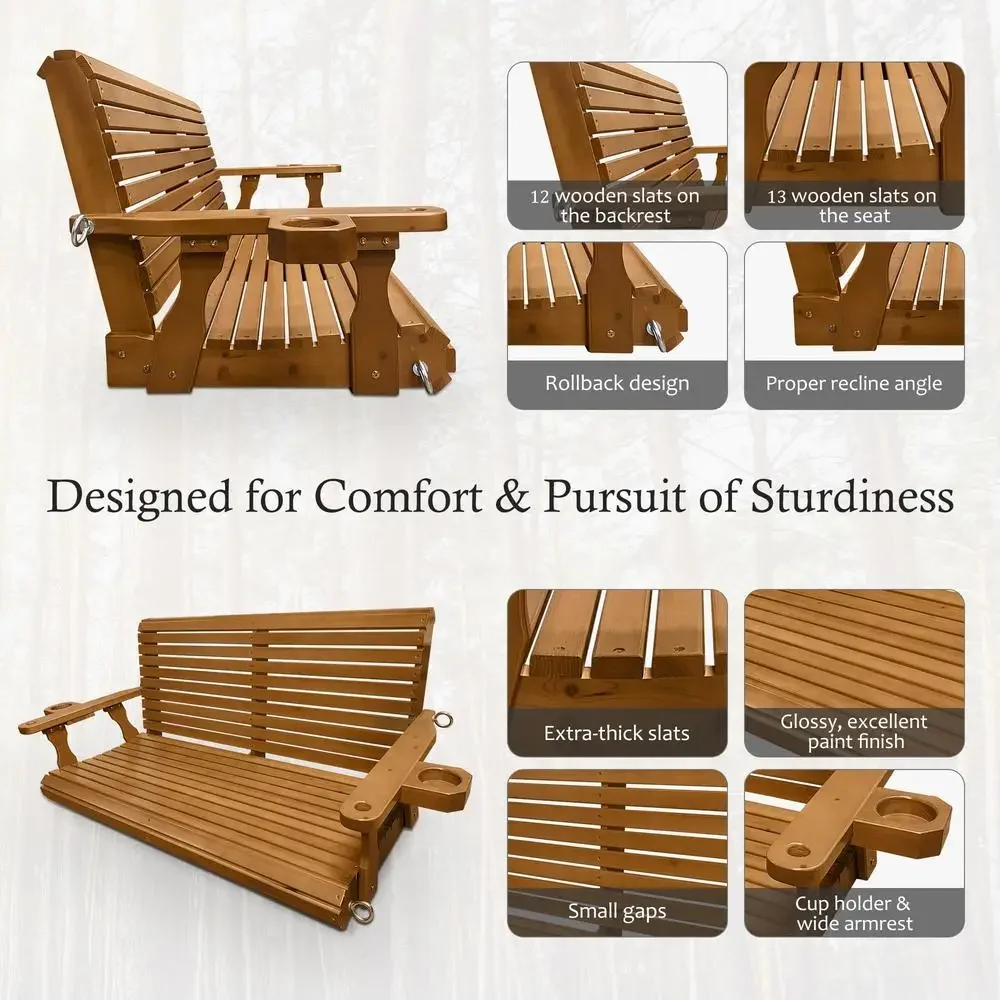Wooden Porch Swing 2-Seater Heavy Duty 880 LBS Cupholders Outdoor Patio Garden Comfort Adjustable Springs Chains Assembly 6