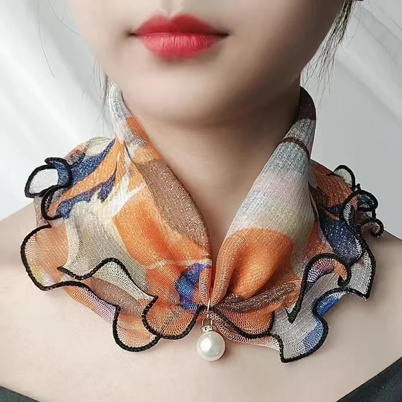 New Fashion Neck Collar Print Shiny Variety Loop Scarf Ruffle Lace Scarf Pearl Pendant Organza Chiffon Scarves Bandana Headband 3