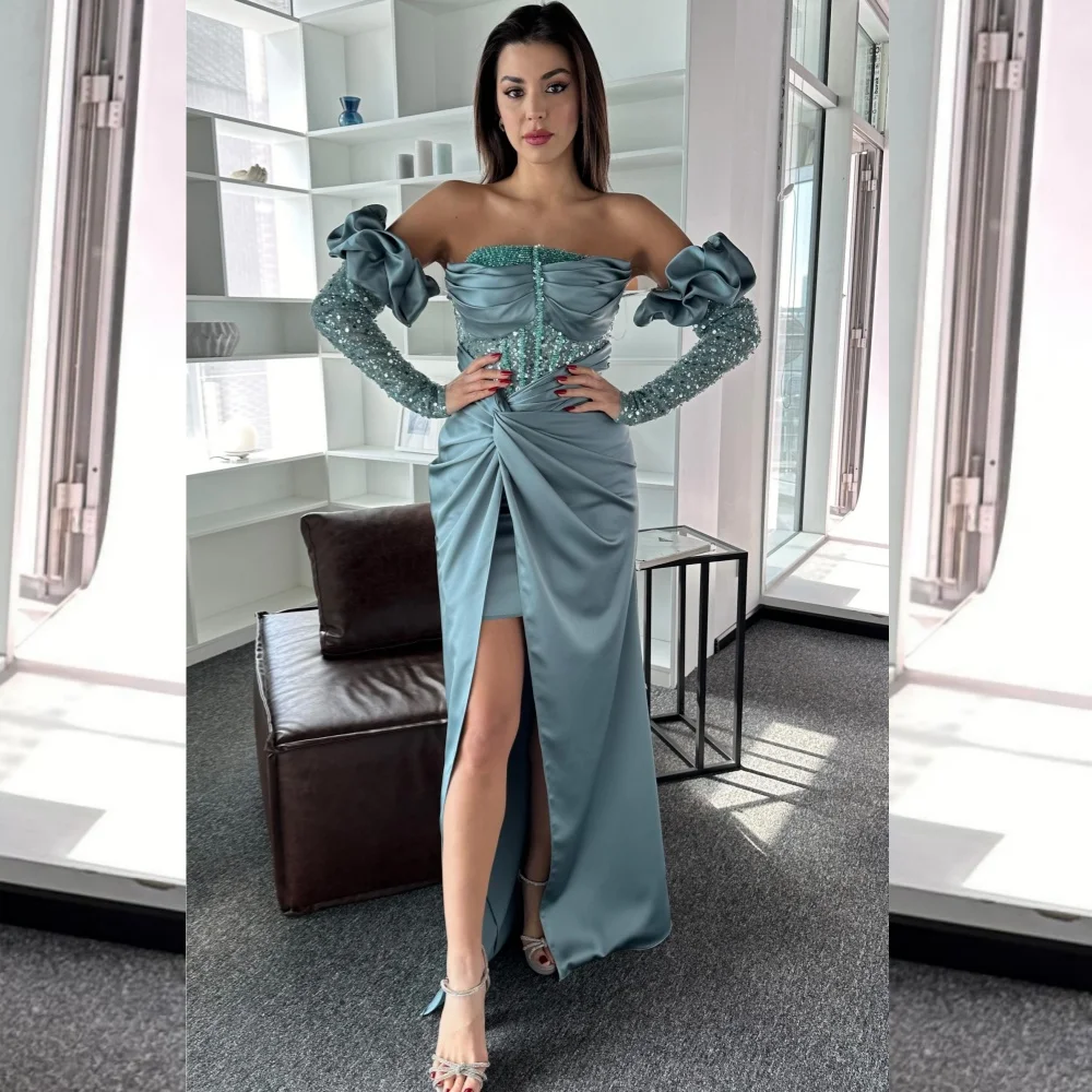 

Jiayigong Sexy Casual Satin Draped Pleat Sequined Evening A-line Strapless Bespoke Occasion Gown Long Dresses