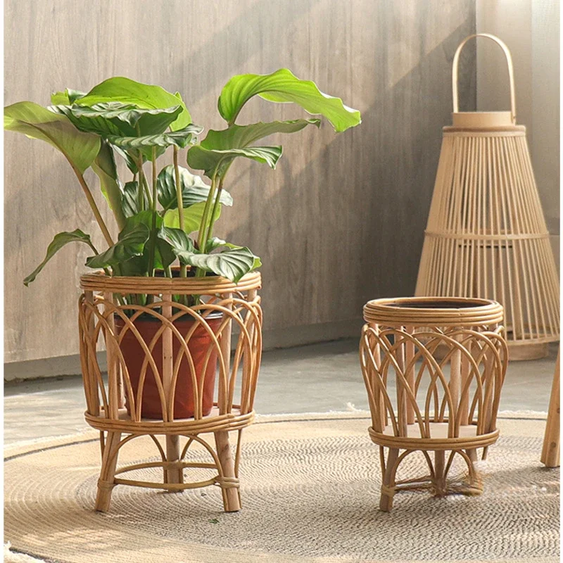 Imitation Rattan Woven Floor Storage Shelf, High Value Plant Shelves Balcony Garden Flower Stand Living Room Floor Storage Shelf