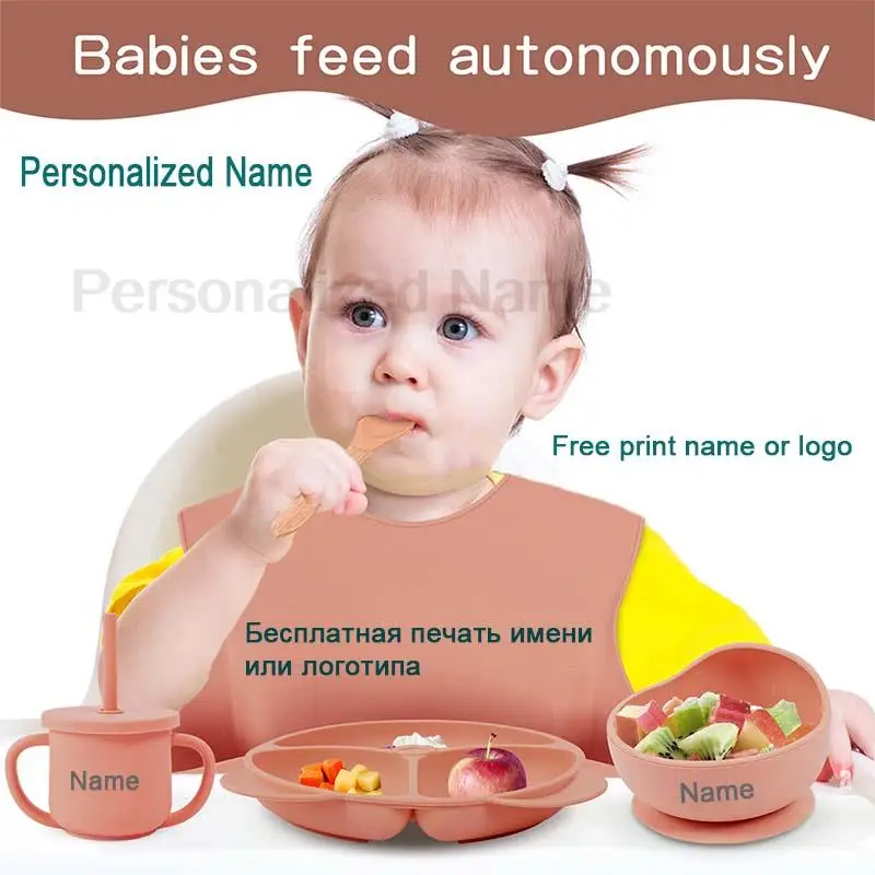 Silicone Tableware For Kids Baby Feeding Set Cartoon Plate Personalized Name Sucker Cup Plate Bowl Bib Newborn Gift 8Pcs/5Pcs