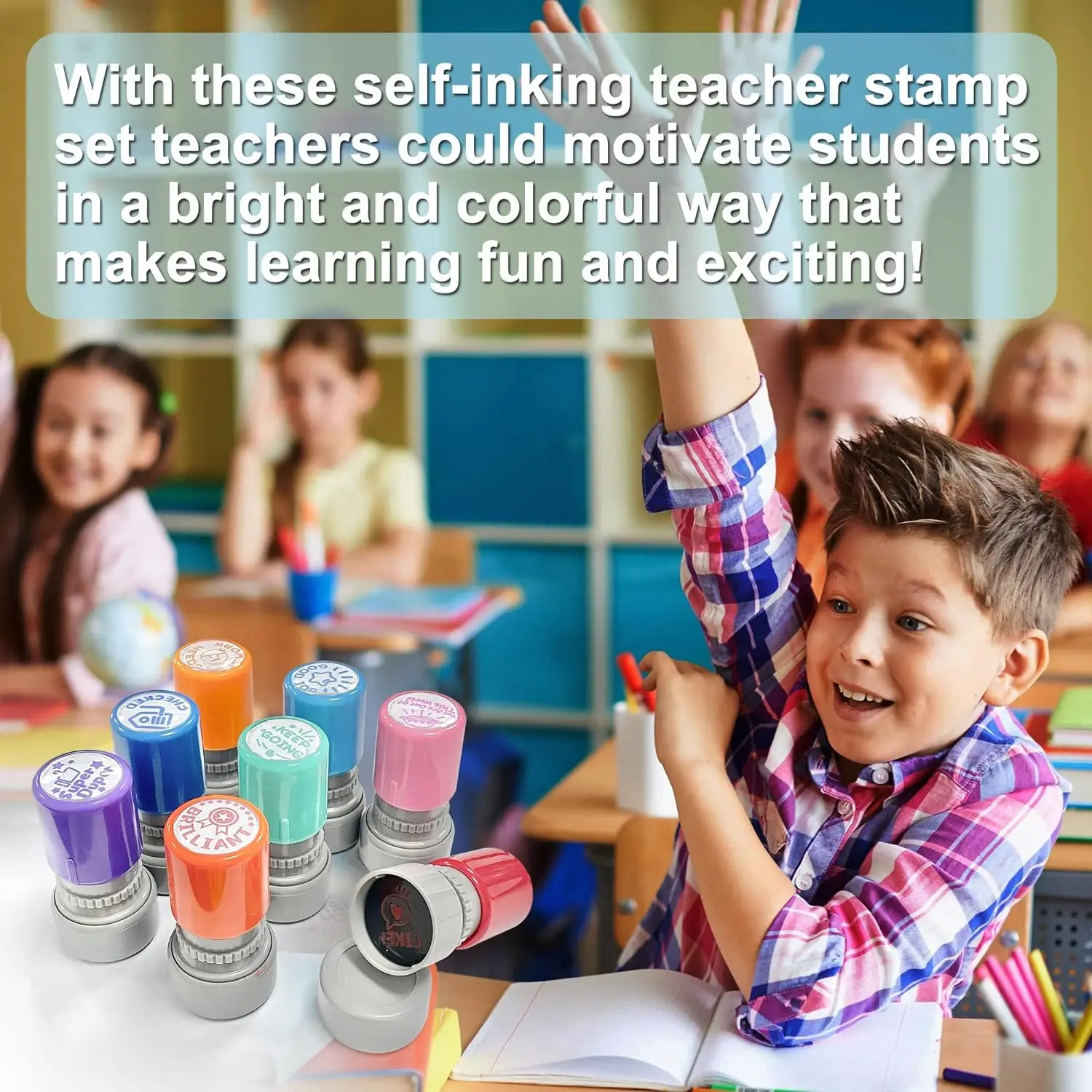 Round Teacher Graduation Classroom Stamp, 8 Color Rubber Teacher Self-Ink Stamp Set, Homework Supplies