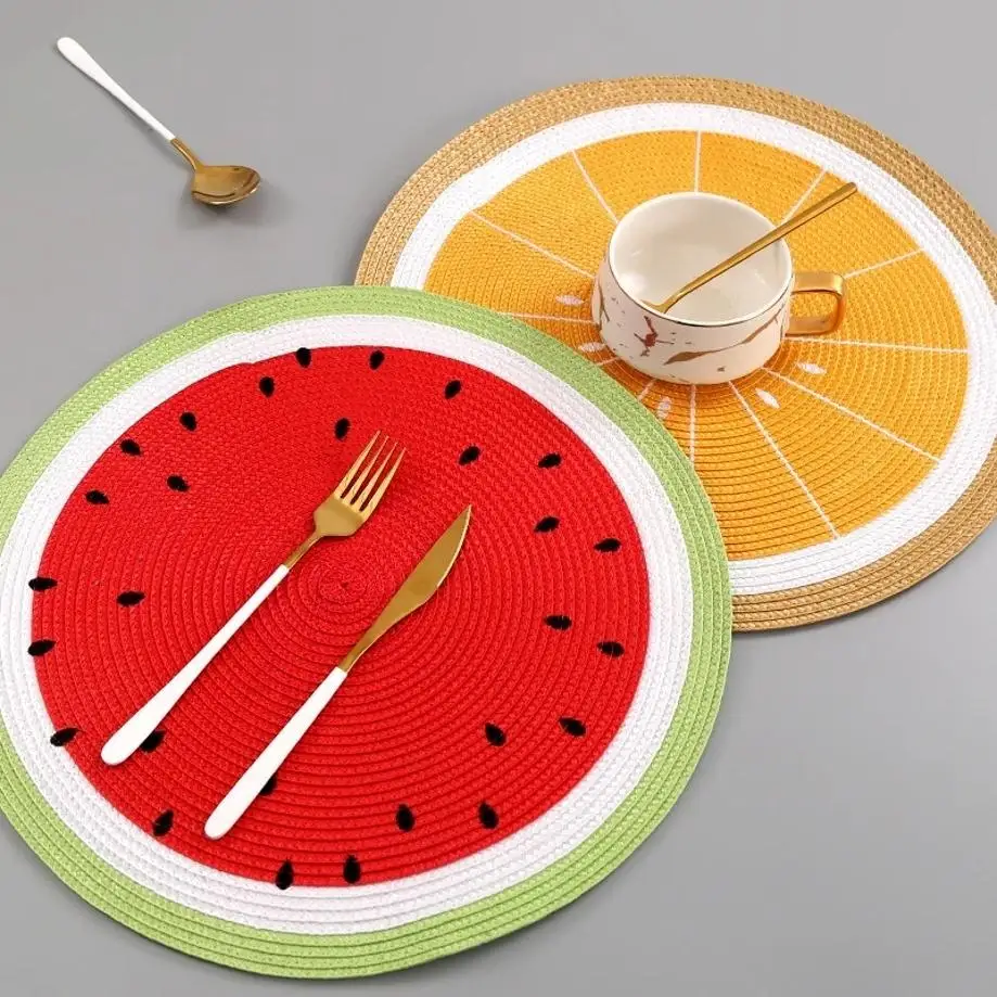 1 Pcs Watermelon Lemon Drink Coasters Woven Round Placemat Cartoon Fruit Dining Table Plate Mat Kitchen Accessories Home Decor