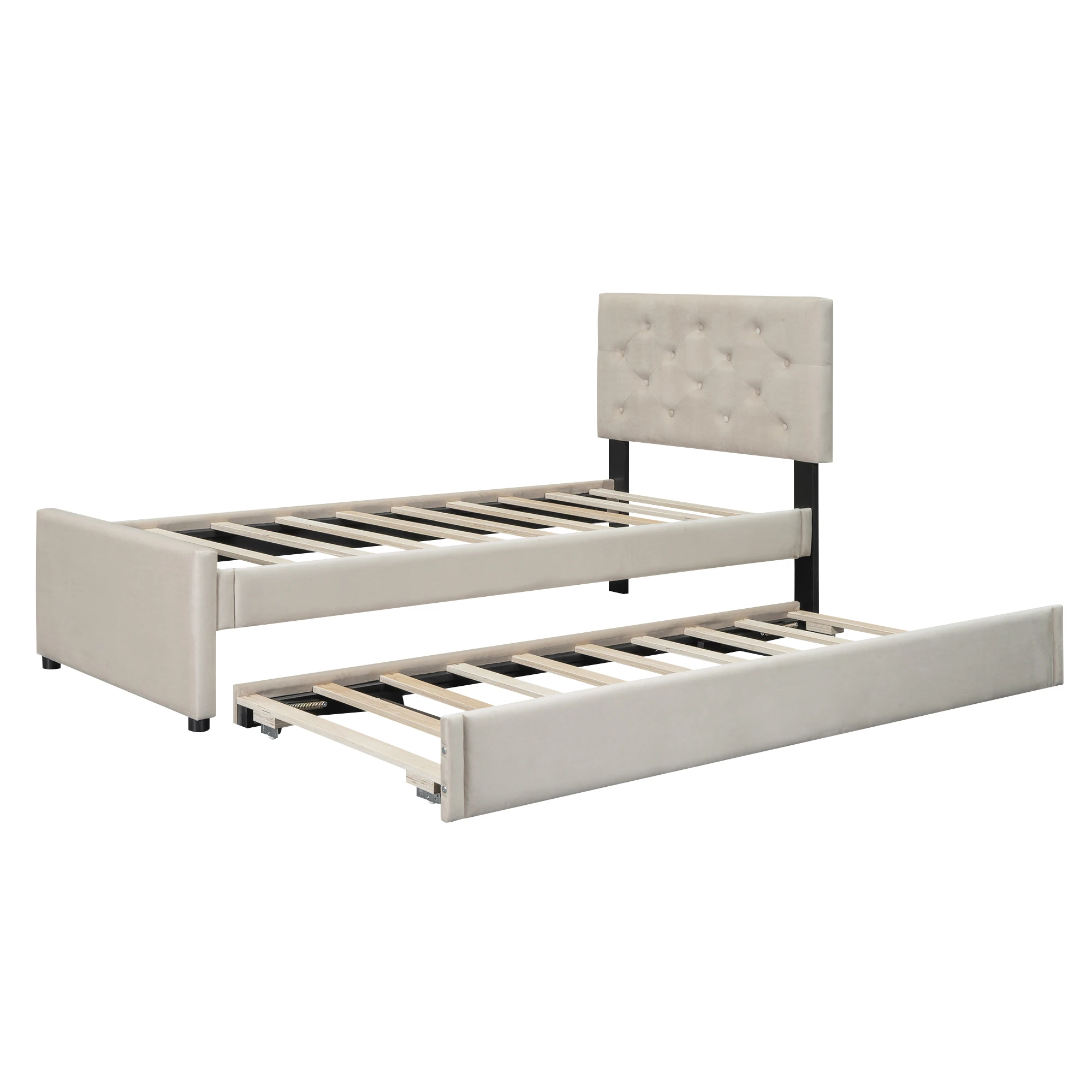 Anajqaqia 90×200 cm Upholstered Bed, Children's Single Bed, with Slatted Frame, Bed with Trundle Container, Velvet, Beige