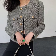 

New 2021Fashion Women Plaid Tweed Jacket Coat Vintage Elegant Ladies Blends Wool Female Outerwear Crop Jacket Women Clothing