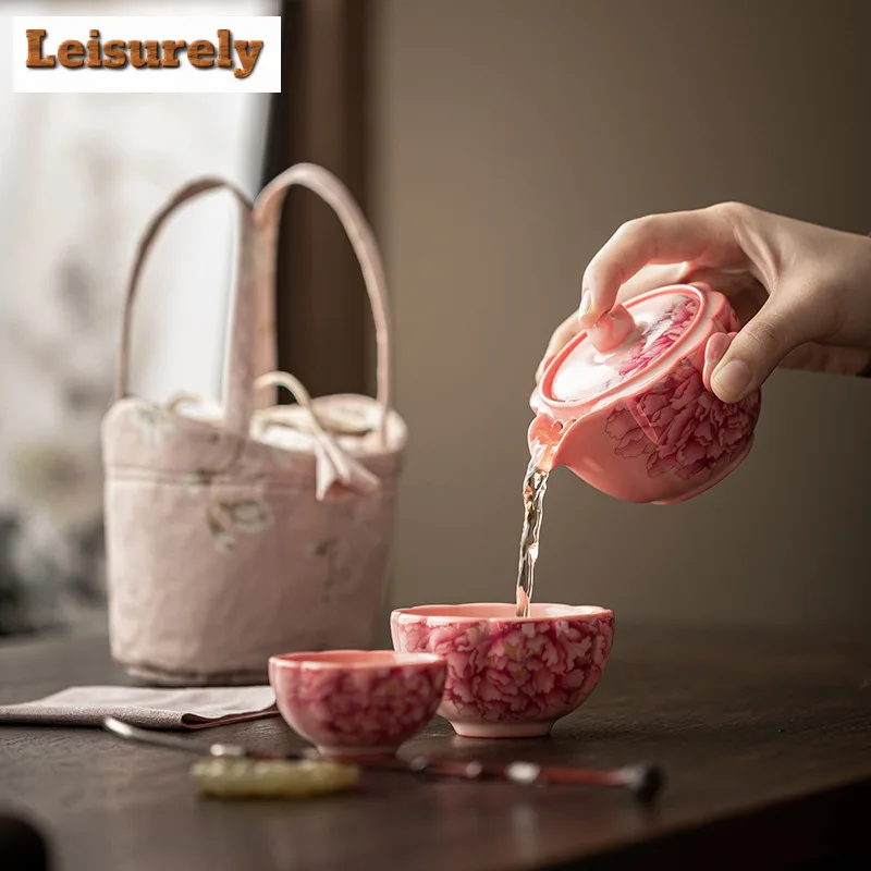 Red Powder Ard Jelly Porcelain Travel Tea Set Kit Luxury 1 Pot 2 Cups Tea Maker Organizer Portable Outdoor Handbag Supplies Gift