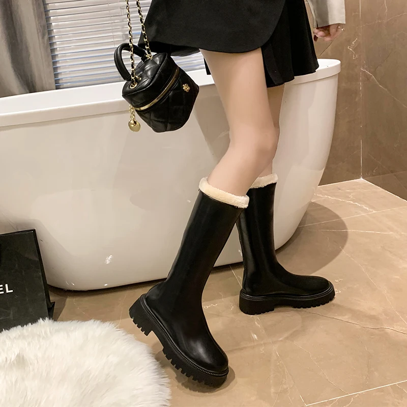 Women Thigh High Boots Women Casual Plush Knee Boots Brand Designer Zip Ladies Leather Long Boots White Mujer Shoes Big Size 42