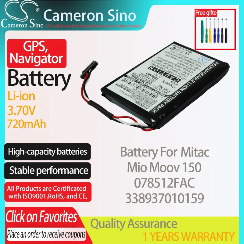 Batteria Cameronsino Per Mitac Mio Moov 150 Per Mitac 078512Ooth 338937010159 Gps, Batteria Navigatore 720Mah 3.70V Li-Ion Nero