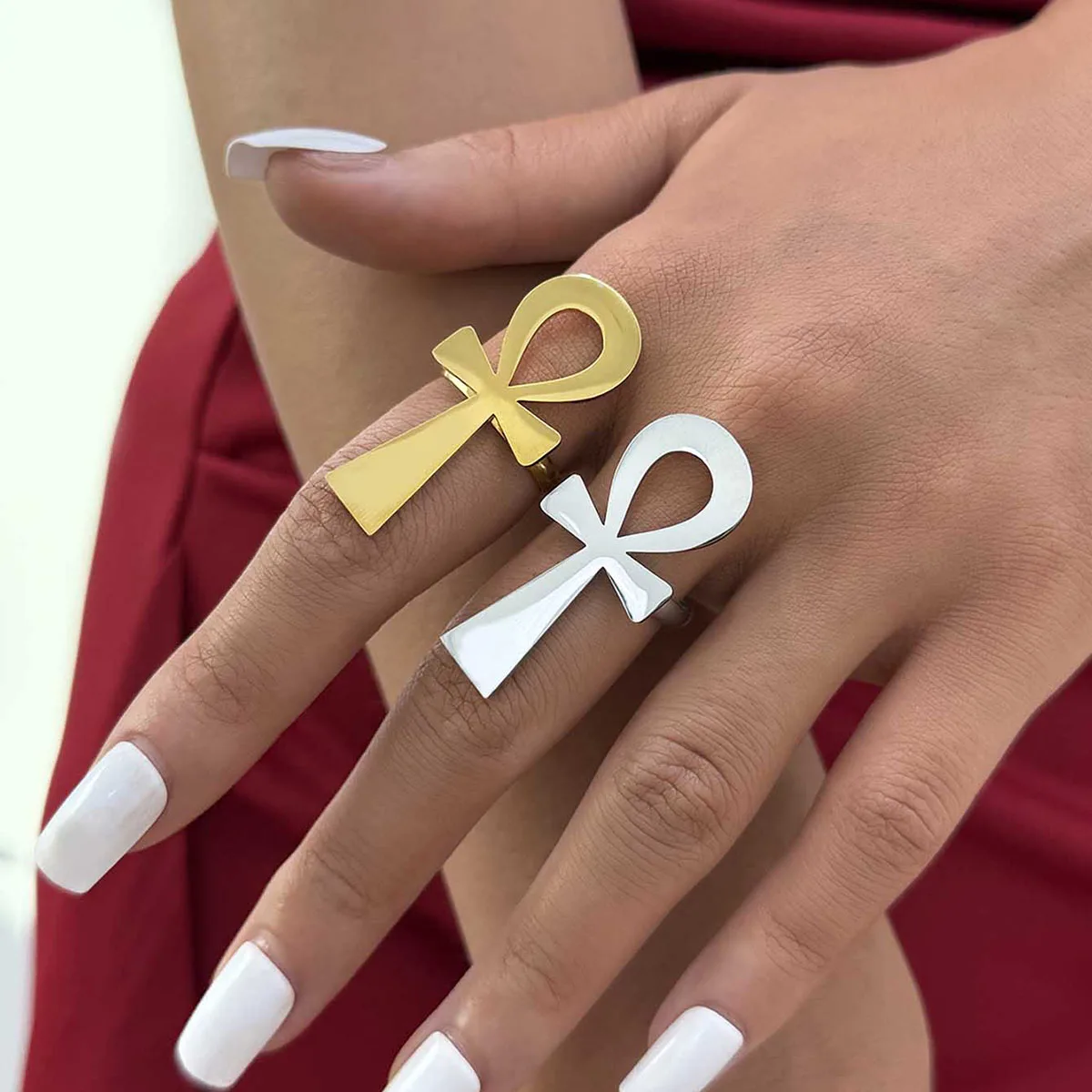 Modischer afrikanischer ägyptischer Kreuz-Edelstahlring, modischer, personalisierter Modering, Party-Schmuck, Geschenk, 18, vergoldet