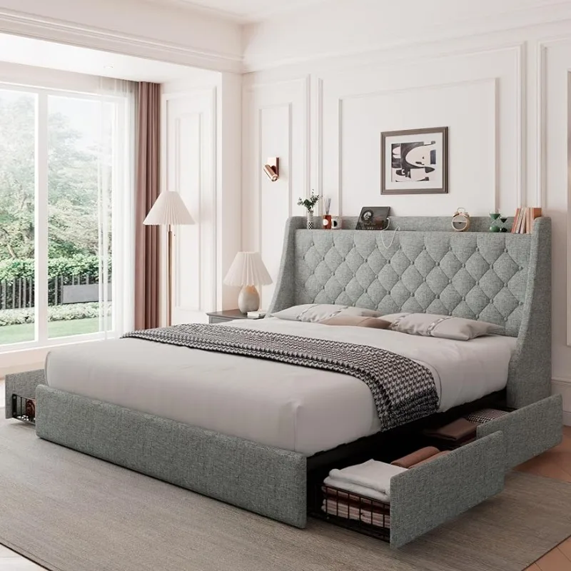 

Upholstered Queen Bed Frame with 4 Storage Drawers, Charging Station and Tufted Wingback Storage Headboard, No Box Spring Needed