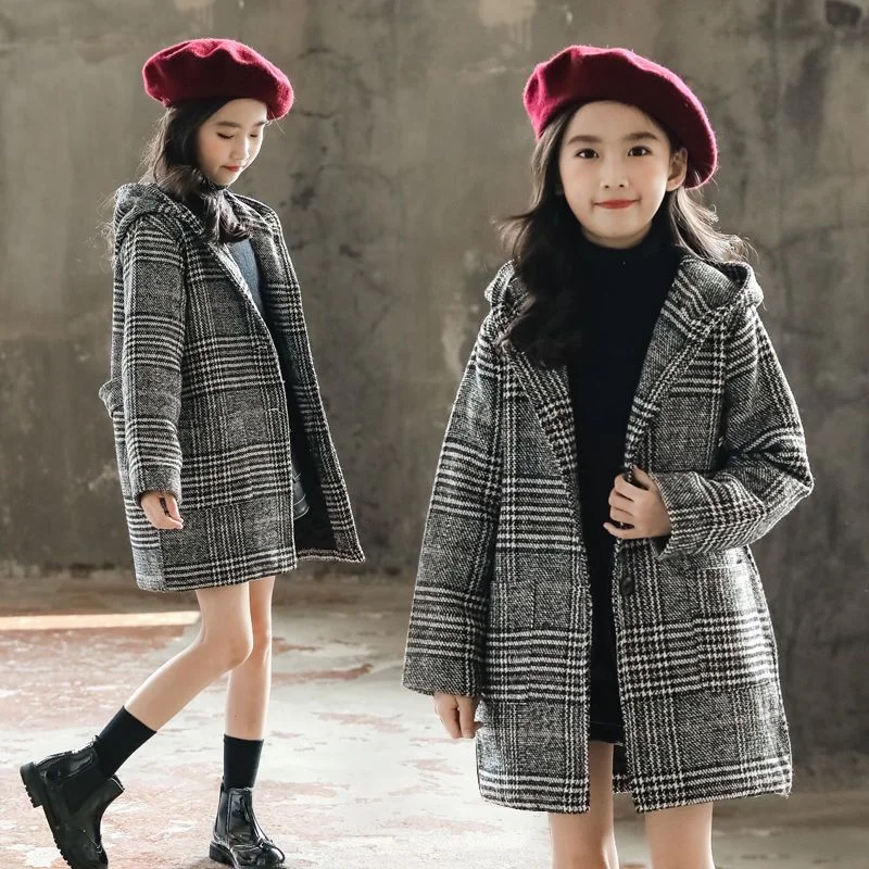 Girls Woolen Coat Jacket Cotton Outwear Windbreak 2023 Gray Warm Plus Thicken Velvet Winter Autumn Party Children's Clothing