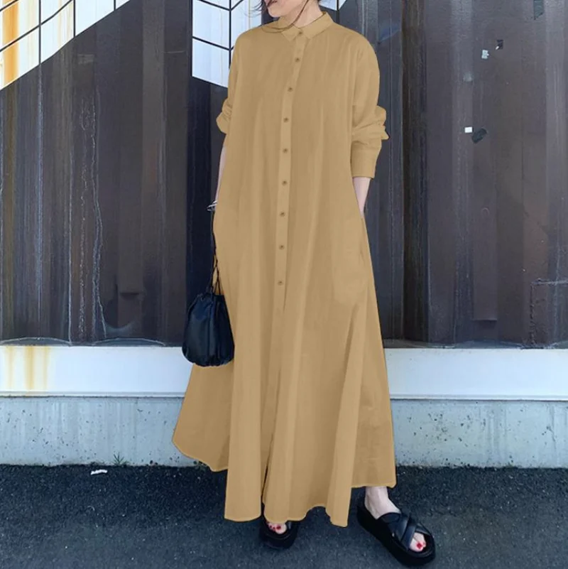 Muslim Abayat Dress for Women, Cotton and Linen, Commuter Temperament Abayas, Simple Versatile Lapel, Long Sleeve Loose Shirt
