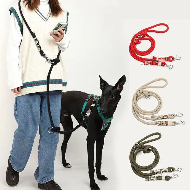 Double Buckles Braided Leashes For Dog Solid Color Multifunctional Hand-woven Leash Outdoor Walking With Medium And Large Dogs