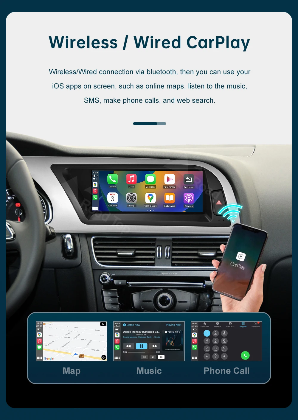 DE RoadTop 12.3 Kabelloses CarPlay für Audi A4 2009-2015 3G MMI Multimedia Linux Ultra-dünner Bildschirm Android Auto Airplay Autolink – Detail 10