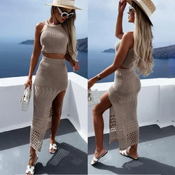 Beachwear Women Summer Dress Vacation Outfits for 2023 New Ladies Brief Split Skirt Two Piece Solid Spandex Beach CoverUp