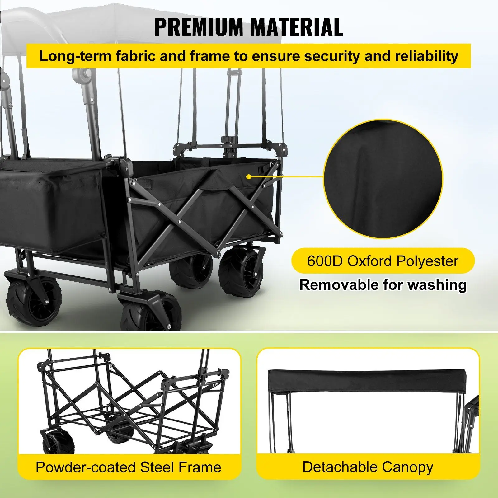 Extra Large Collapsible Garden Cart with Canopy, Folding Wagon with Wheels, for Gardening, Camping, and Shopping, Black