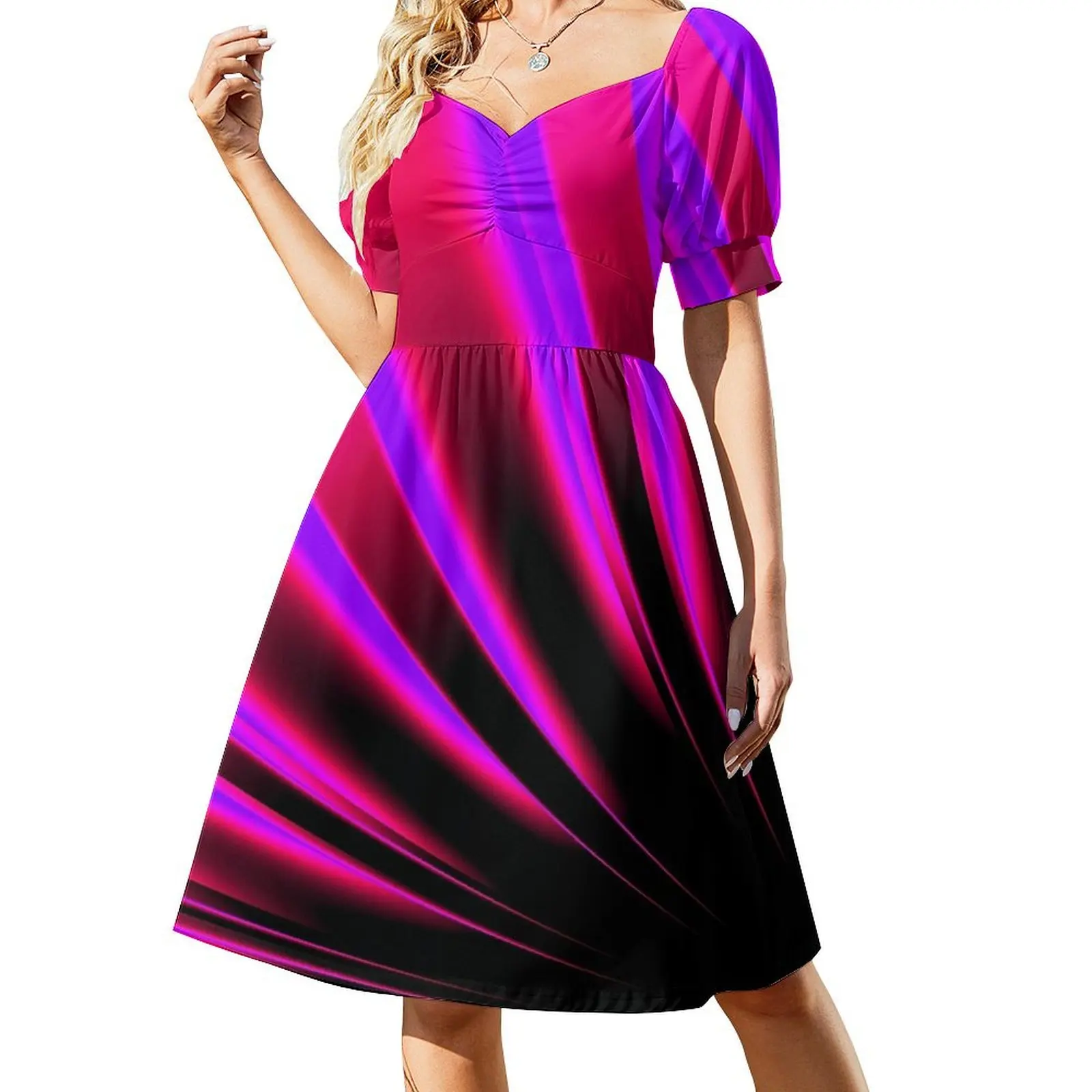 thumbnail image 1 of Vestido de manga corta con rayos de luz neón que brillan en rosa, morado y rojo., 1 of 7