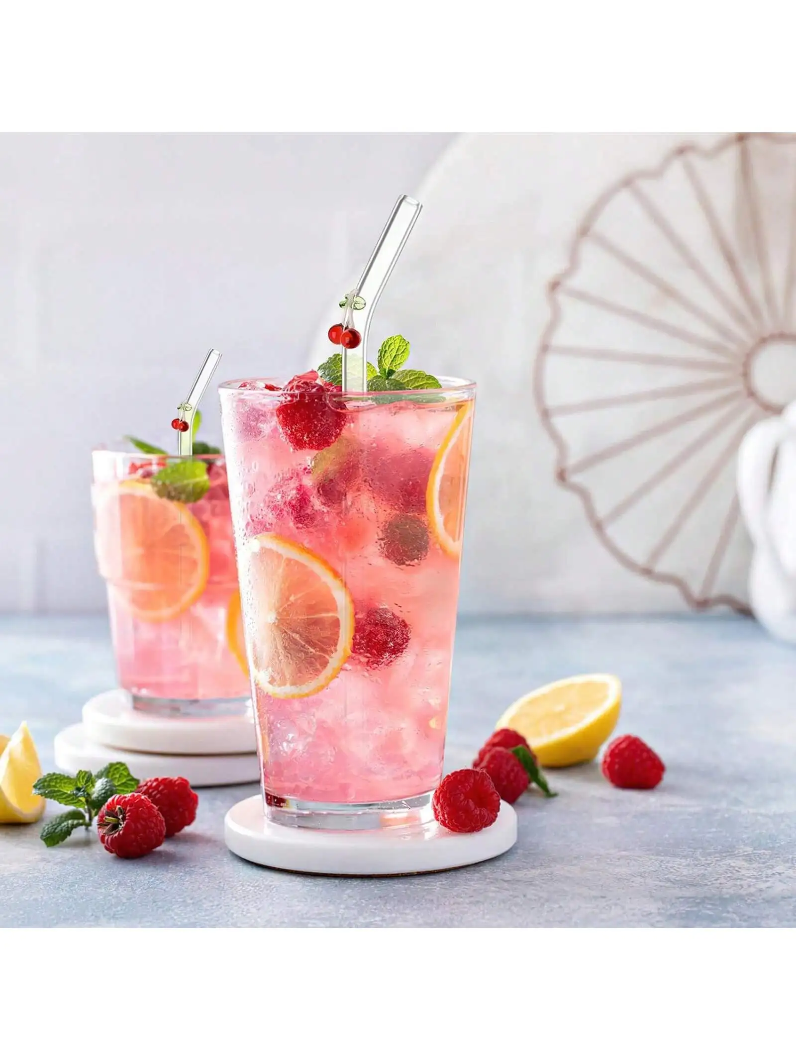 Cherry Design Reusable Clear Glass Straws Set with Cleaning Brush