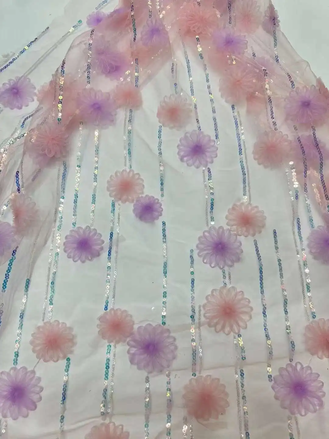 

Popular African Beaded Sequins Lace Fabric/2023 3D Florals Embroidery French Tulle For Evening Dresses Party Weddings