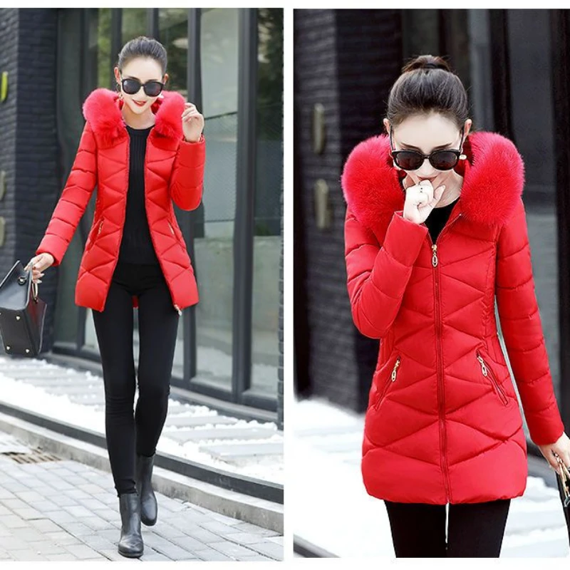2023 New Women Down Cotton Coat Winter Jacket Female Self-cultivation Parkas  Big Fur CollarOutwear Medium Style Overcoat