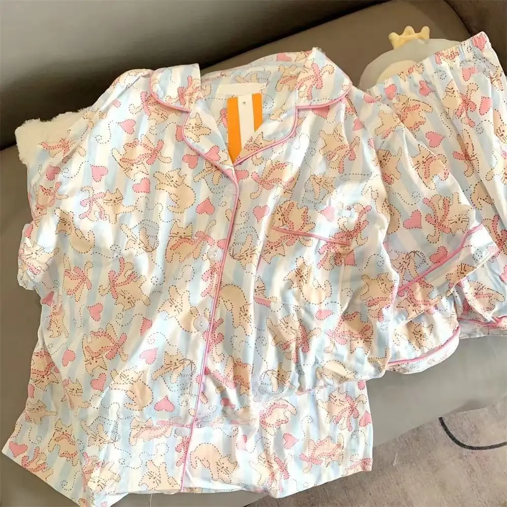 Pink Cat Stripe Women Pajamas Leisure Homewear Cartoon Sleepwear for Girls 3 Pieces Pijama Set Party Pyjama Kawaii Nightgowns