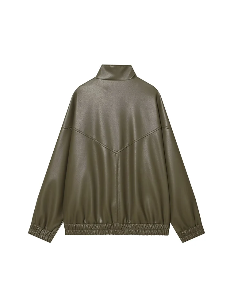 Winter Stand Collar Leather Jacket For Women Casual Full Sleeve Solid Color Zipper Loose Short Coat Lady Fashion Streetwear