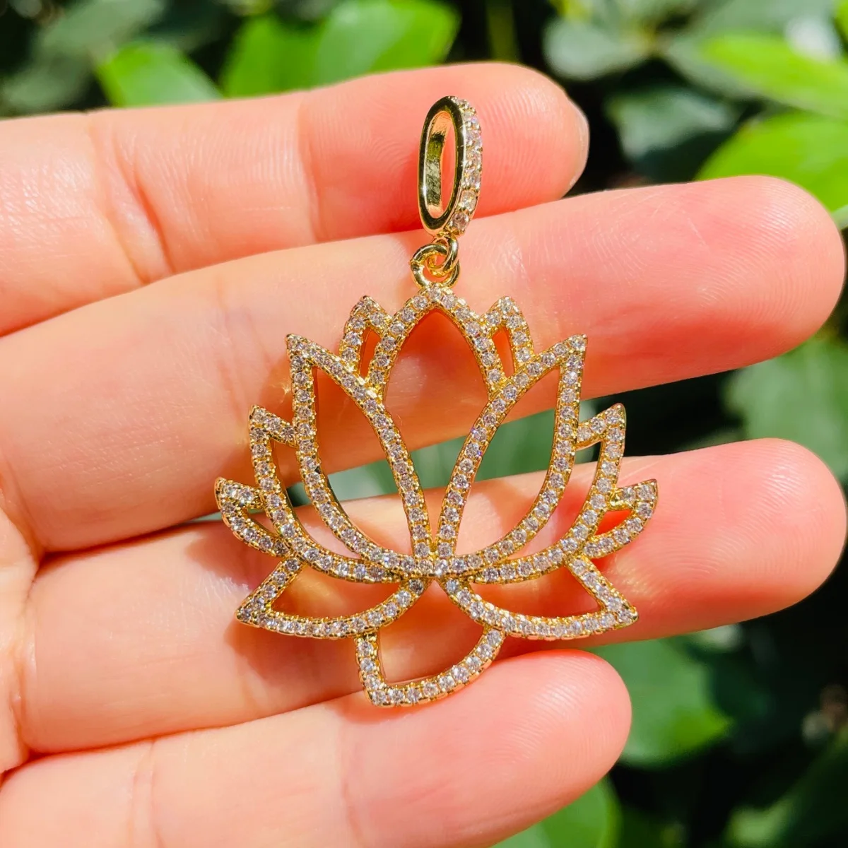 5pcs Lotus Flower Charms Exquisite Pendant for Bracelet Making Women Necklace Cubic Zirconia Pave Jewelry Accessory Wholesale