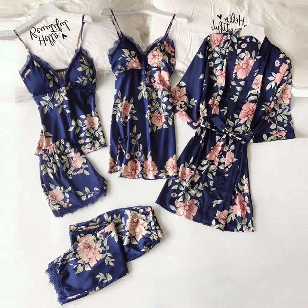 

Летние Пижамные комплекты из 5 предметов, сексуальный женский халат с рисунком, Повседневная атласная Домашняя одежда, домашняя одежда