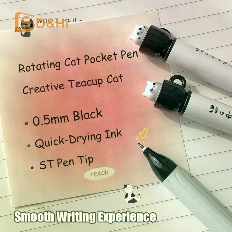 1/4개입 랜덤 귀여운 티컵 고양이 젤 펜 0.5mm 재미있는 동물 퀵 드라이 펜 창의적인 회전 고양이 포켓 펜 학교 및 사무실용