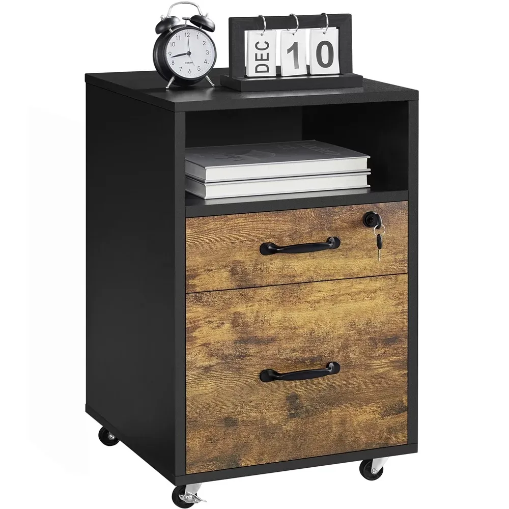 

Smile Mart Rolling File Cabinet with 2 Drawers and Shelf, Black/Rustic Brown Bedside Cabinet