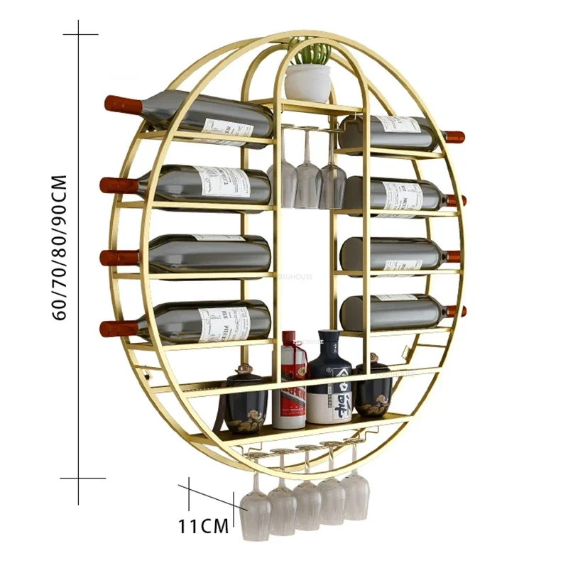 Nordic Round Wall-mounted Wine Rack Home Storage Rack with Wine Glass Holder Modern Bar Furniture Luxury Gold Iron Cabinets