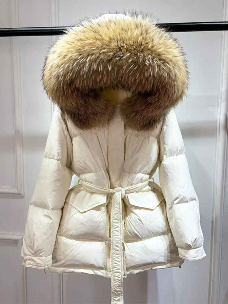2025 New Winter Real Natural Fur Collar Puffer Down Jacket Women Belt Loose Drawstring Hooded White Duck Down Parka Overcoat